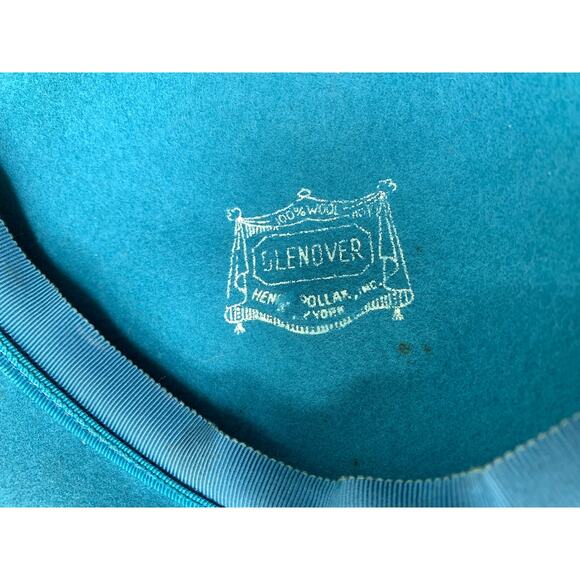Glenover Henry Pollak Teal Blue Felt Hat Purple Ribbon Trim Vintage 1950s Cloche - Picture 7 of 8